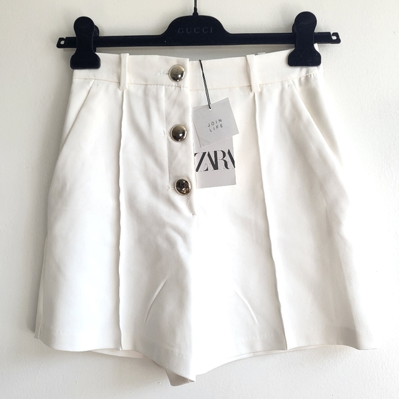 Zara High Waist Buttoned Front White Bermuda Shorts NWT X-Small - Picture 5 of 8